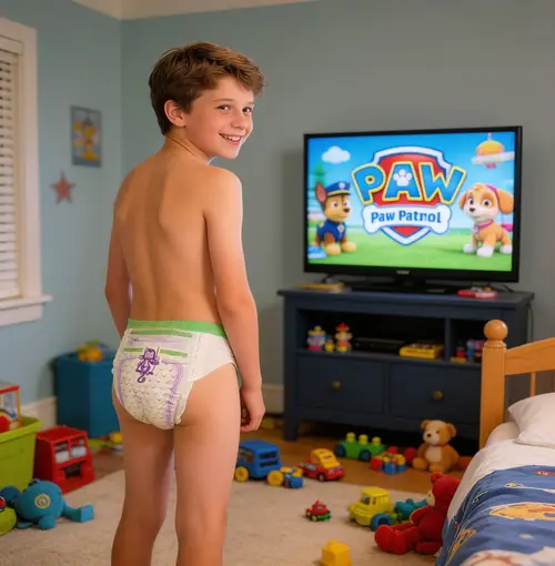 Happy 12-Year-Old Boy in Diaper - Cute Bedroom Scene