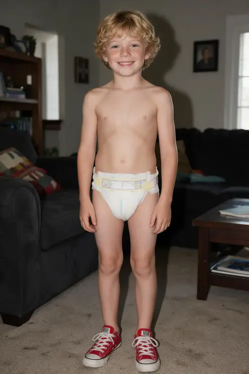 Cheerful Boy in Diaper and Converse Shoes