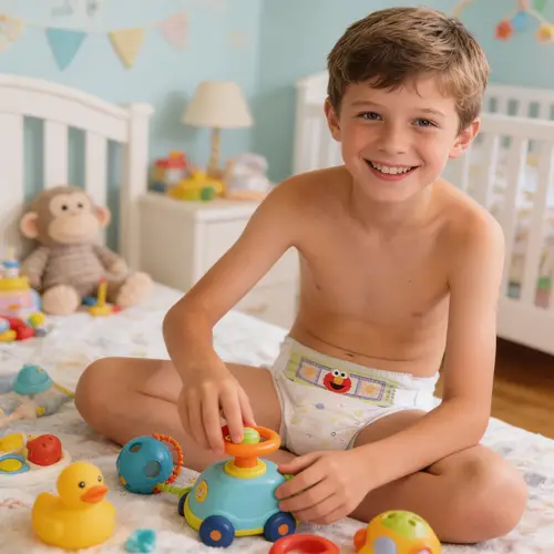 Happy Smiling 10-Year-Old in Baby Diaper