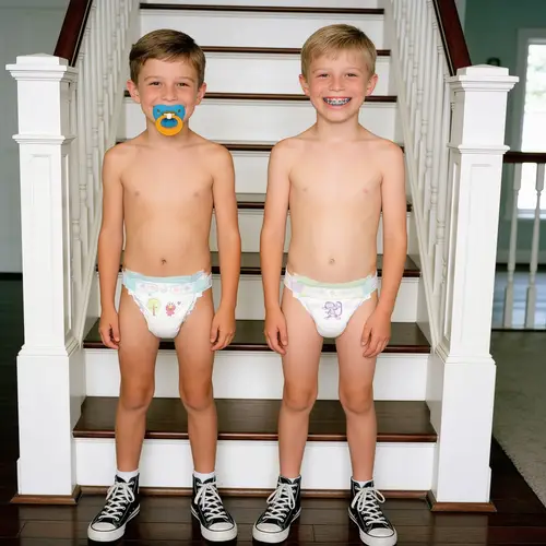 Happy Brothers in Baby Diapers: Cherished Moments