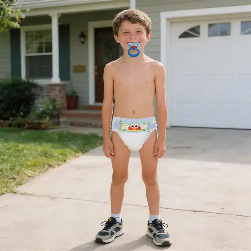 Happy 11-Year-Old Boy Outside in Diaper and Shoes