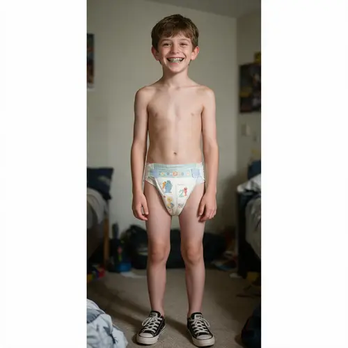 Happy Smiling Boy in Bedroom | Diaper & Converse Shoes