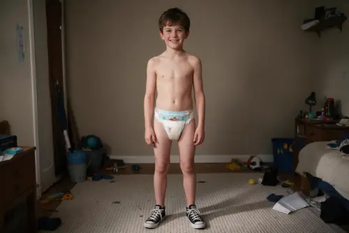 Smiling Boy in Bedroom: Fun Style with Converse