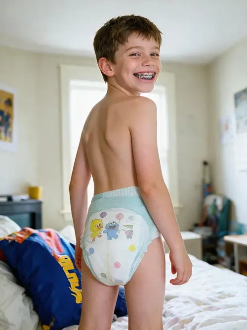 Happy 10-Year-Old Boy in His Bedroom