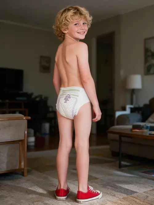 Joyful Boy in Diaper and Converse Shoes