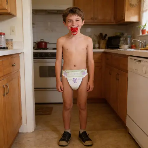 Happy 11-Year-Old Boy in Diaper and Shoes