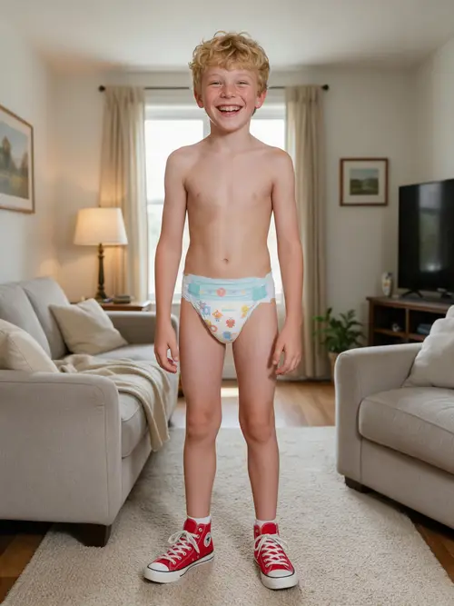 Adorable Boy in Diaper and Sneakers