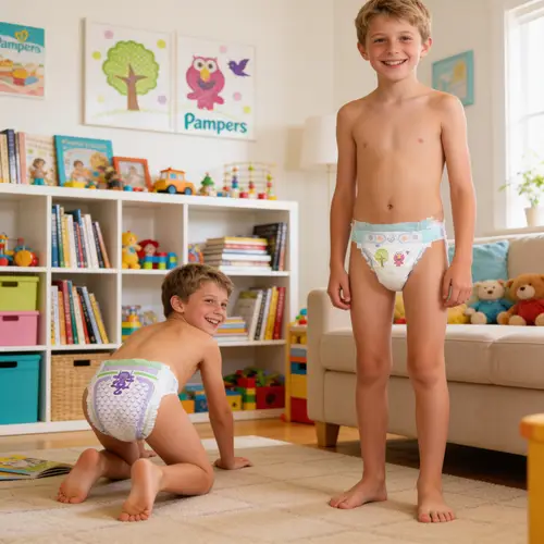 Happy Boys in Diapers Playing at Home