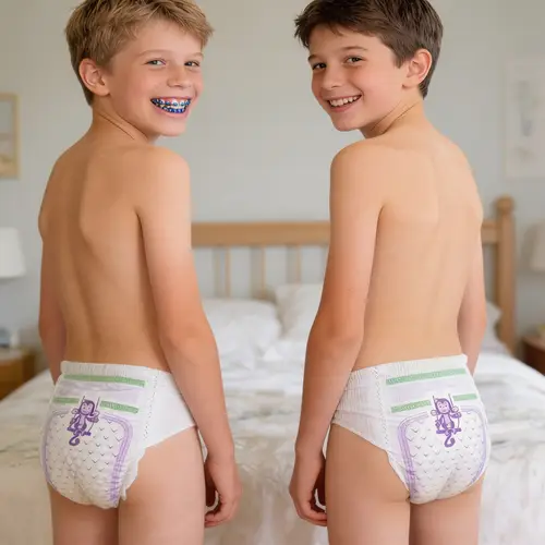 Happy Smiling Boys in Bedroom - Diapers and Braces