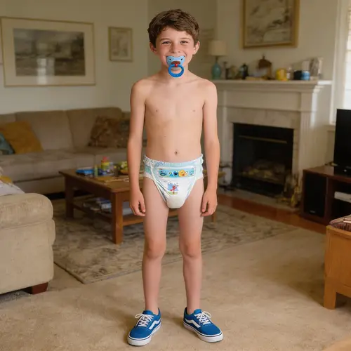Happy 12-Year-Old Boy in Diaper and Blue Vans