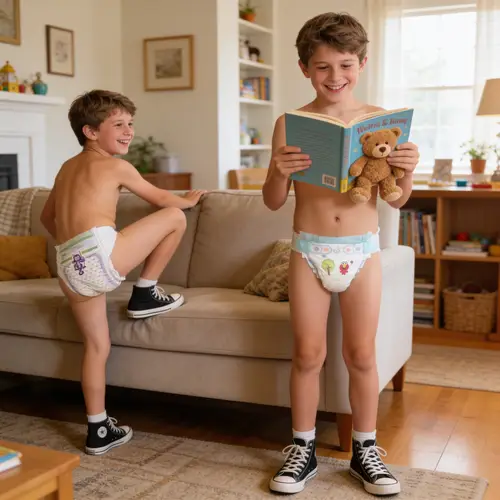 Happy Boys in Diapers Playing at Home