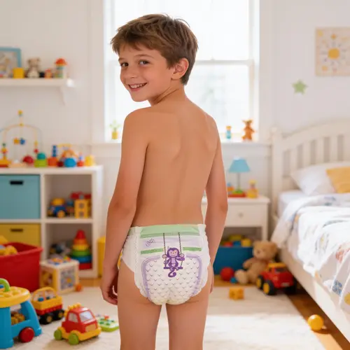 Happy 10-Year-Old in Baby Diaper - Bright Bedroom