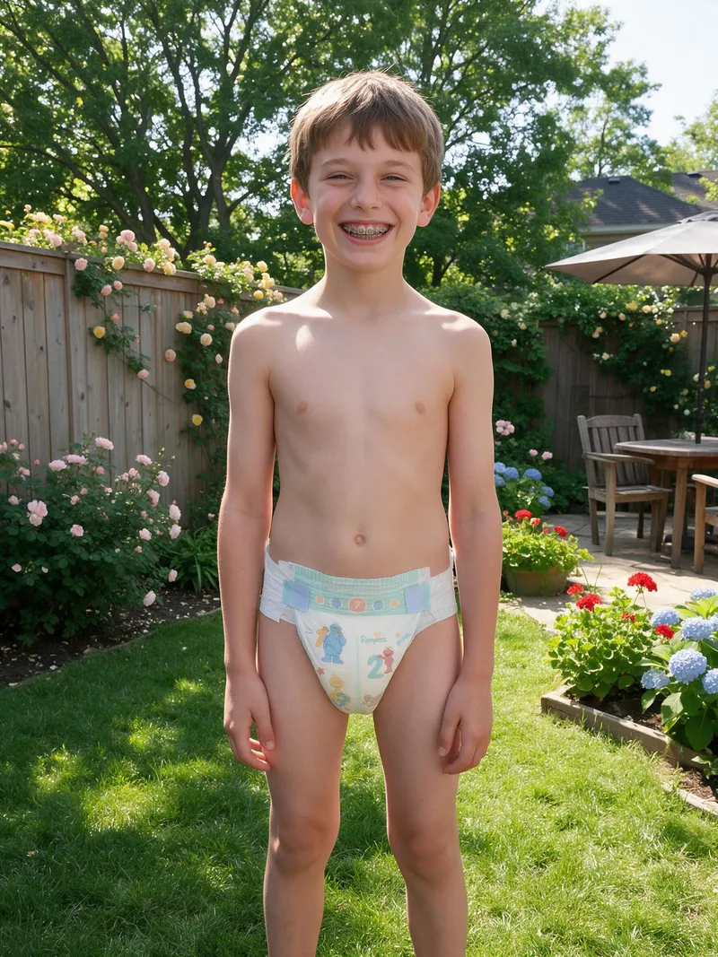Happy Boy in Backyard with Diaper and Braces Happy Boy in Backyard with Diaper and Braces