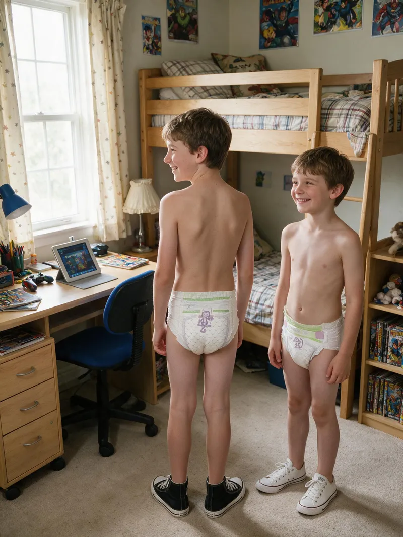 Happy Caucasian Boys in Diapers and Converse Shoes Happy Caucasian Boys in Diapers and Converse Shoes