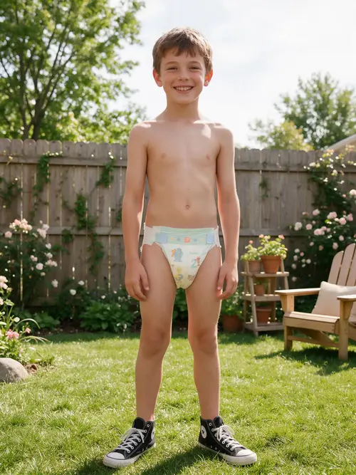 Happy 12-Year-Old Boy in Diaper and Converse Shoes
