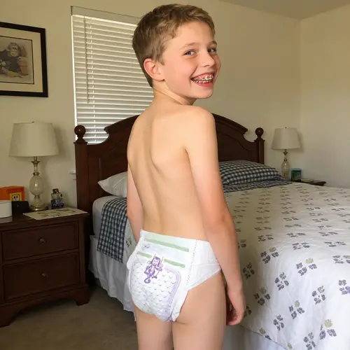 Happy 10-Year-Old Boy in Bedroom with Diaper and Braces