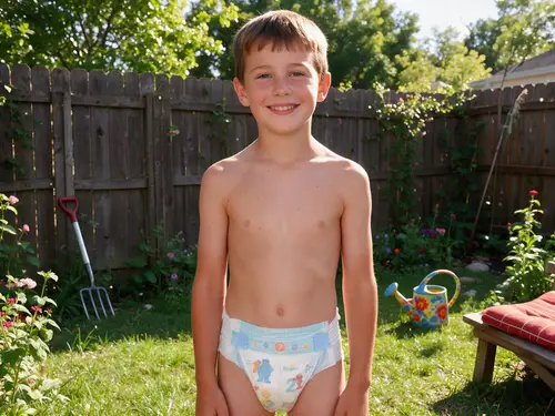 Happy Shirtless Boy in Backyard