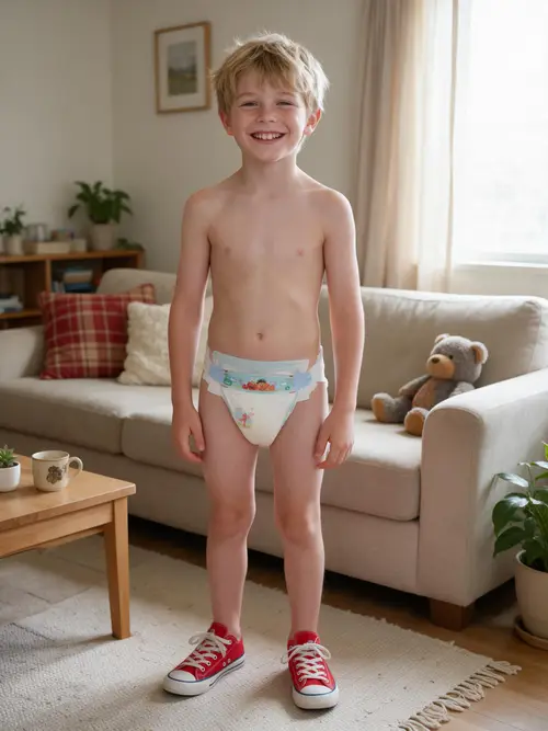 Happy Shirtless Boy in Living Room with Freckles