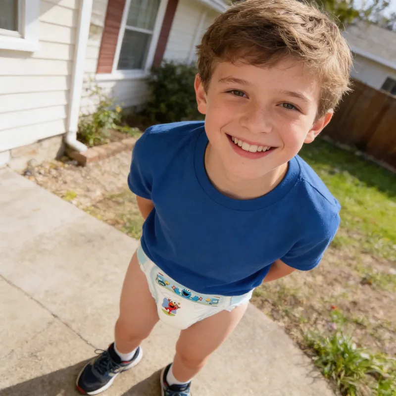Happy 11-Year-Old Boy in Diaper and Tennis Shoes