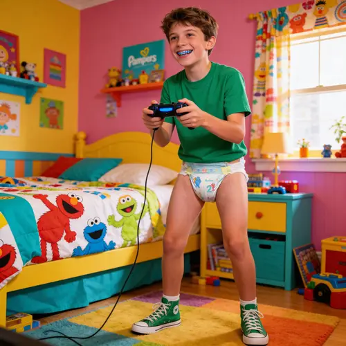 Happy 12-Year-Old Boy in Colorful Bedroom