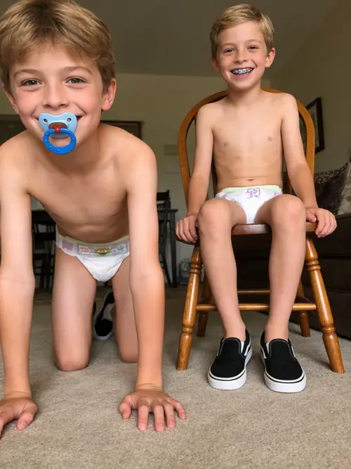 Happy Boys in Diapers: A Joyful Living Room Scene