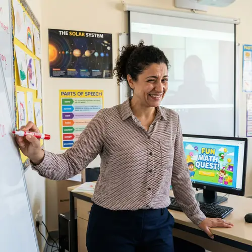 Engaging Middle-Eastern Female Teacher in Well-Lit Classroom