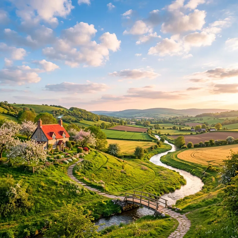 Tranquil countryside landscape with river and cottage