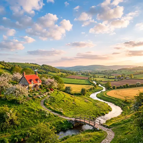 Tranquil Countryside Landscape with River, Cottage, and Fields