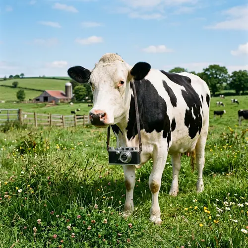 Playful Cow with Vintage Camera in Green Meadow