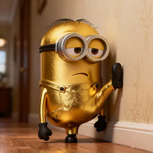 Sad Gold Minion with Leg Up on Wall