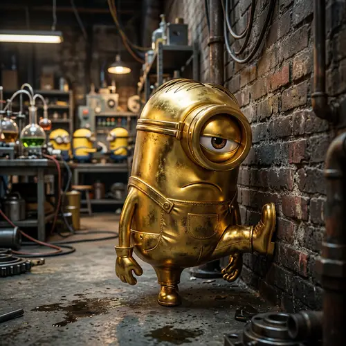 Sad Gold Minion with Leg Up on Wall