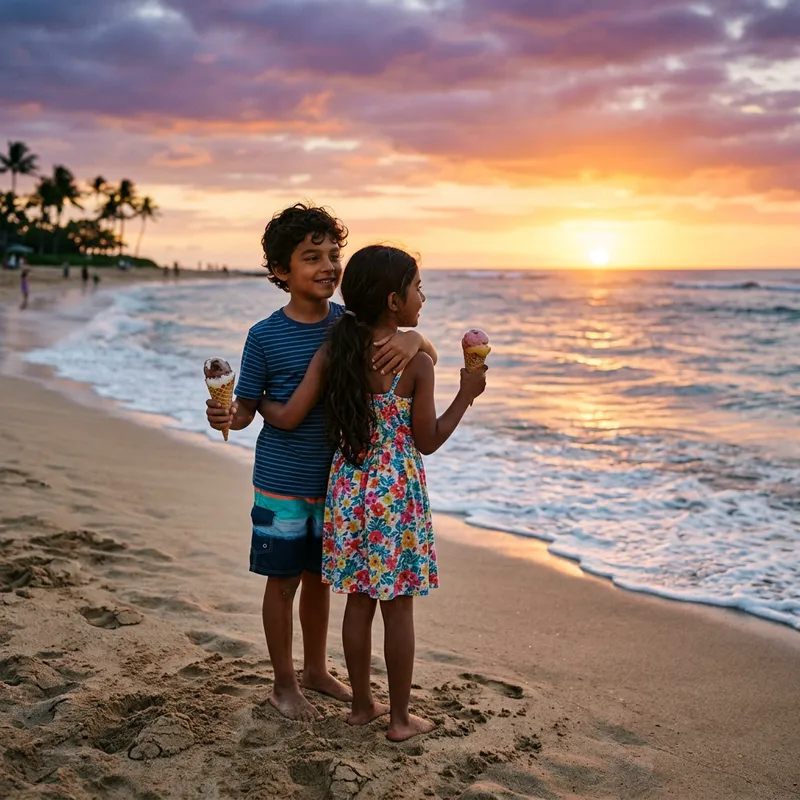 Kids Hug at Beach Sunset: Ice Cream Moment