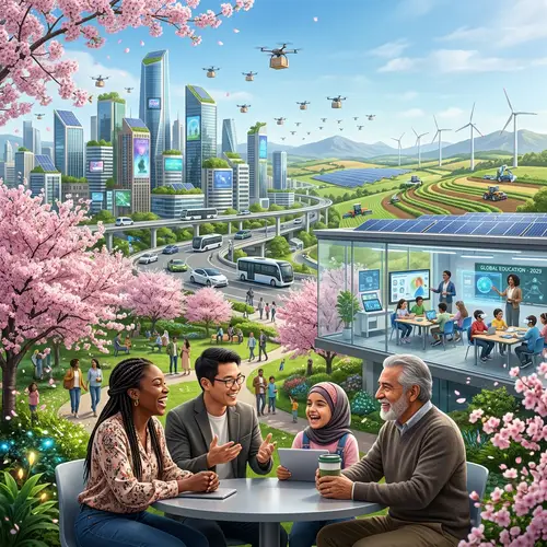 Futuristic Vision: Cityscape, Sustainable Farms, Cultural Diversity