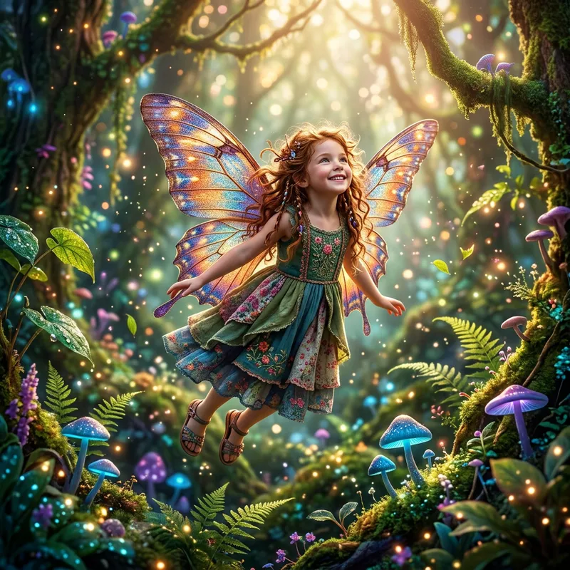 Magical Girl with Butterfly Wings in Enchanted Forest