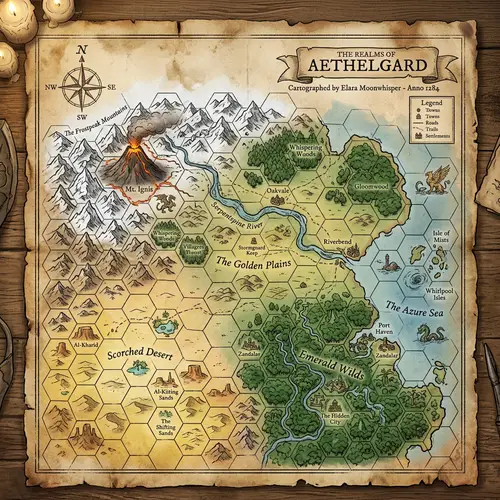 Fantasy Parchment Map with Unique Hexagon Overlay