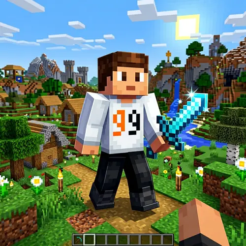 Blocky Minecraft Style Character with GG Sweatshirt and Diamond Sword
