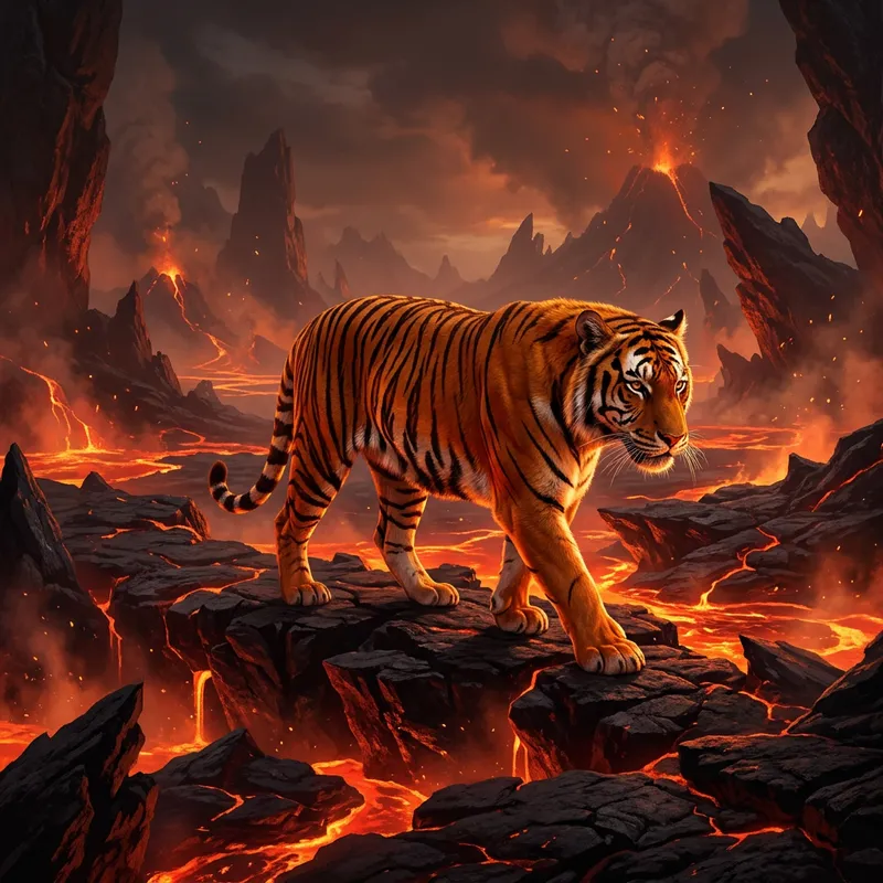 Female Tiger in Molten Magma Landscape