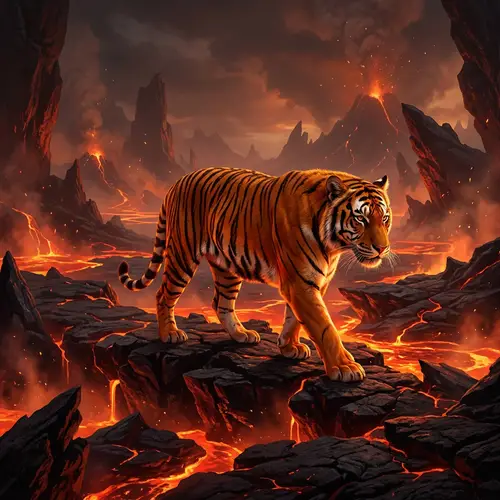 Female Tiger in Molten Magma Landscape