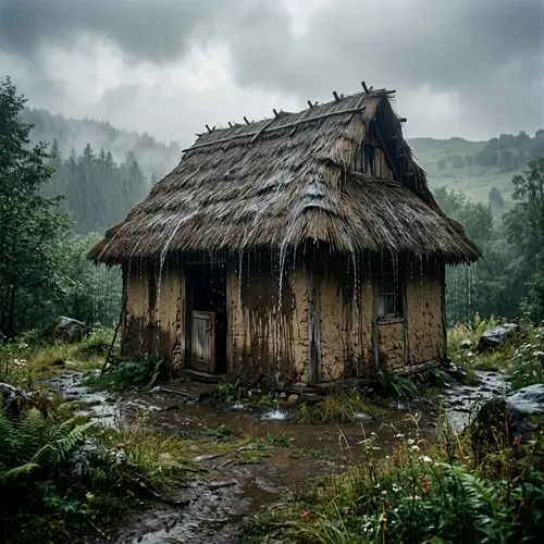 Weeping Thatched Hut - Tranquil Countryside Scene
