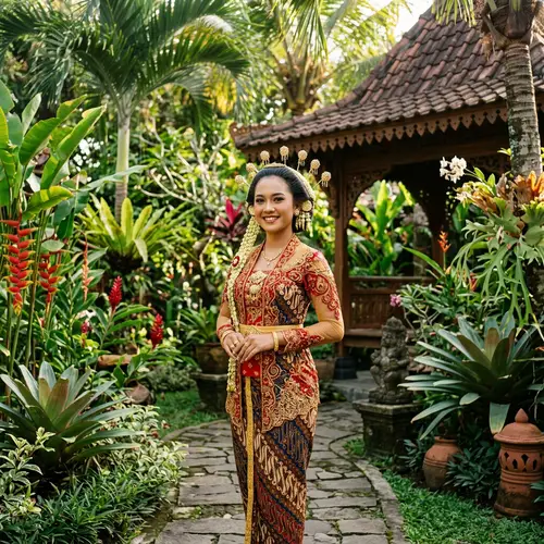 Graceful Javanese Girl in Traditional Kebaya Outfit | Tropical Garden Scene