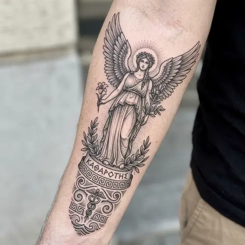 Greek Style Angel Tattoo in Pointillism | An Exquisite 15cm Design