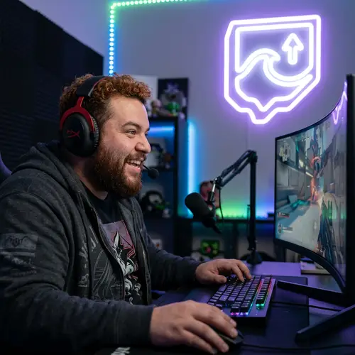 Ibai - Chubby Hispanic Streamer with Beard & Twitch Symbol