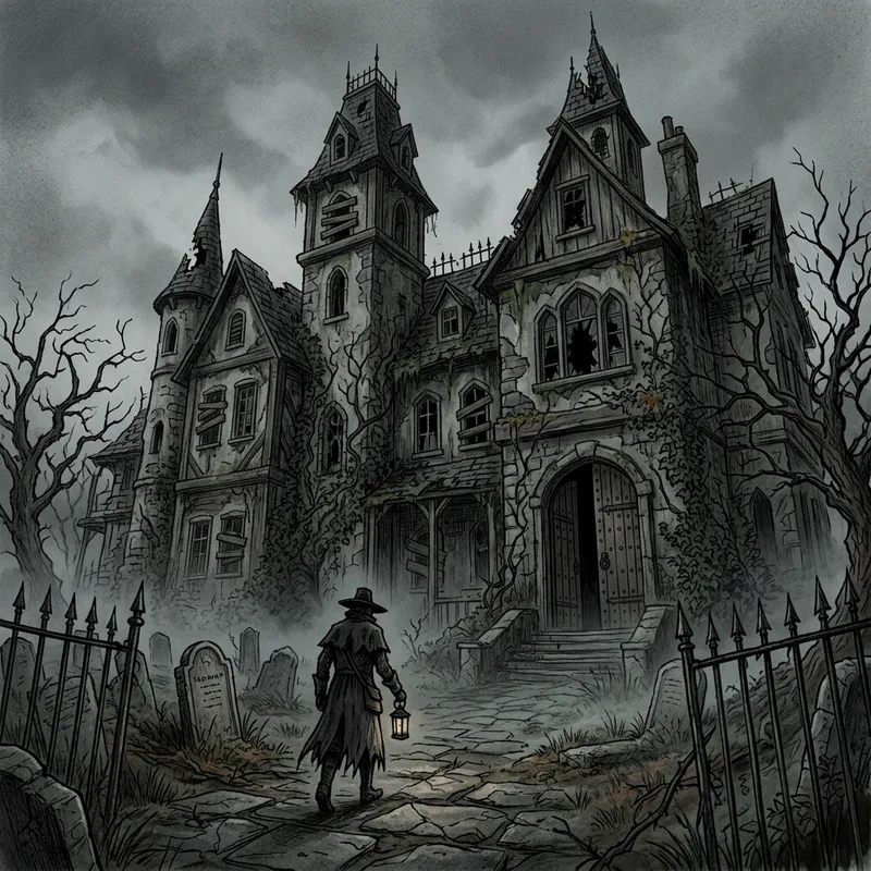 Decaying Mansion: Gothic Horror Scene with Creaking Shadows Decaying Mansion: Gothic Horror Scene with Creaking Shadows