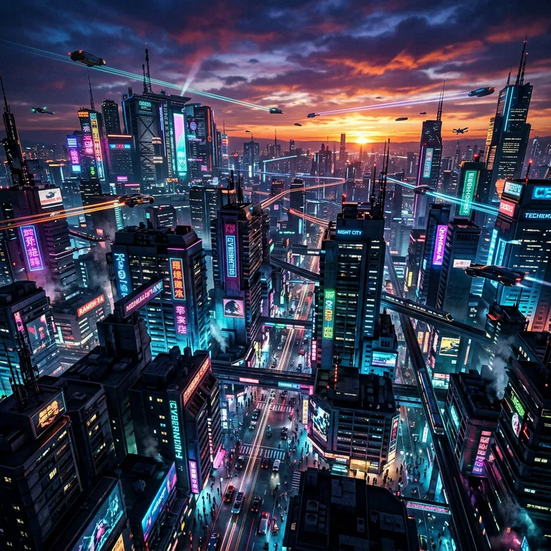 Cyberpunk Neon Cityscape: Sunset Metropolis Energy