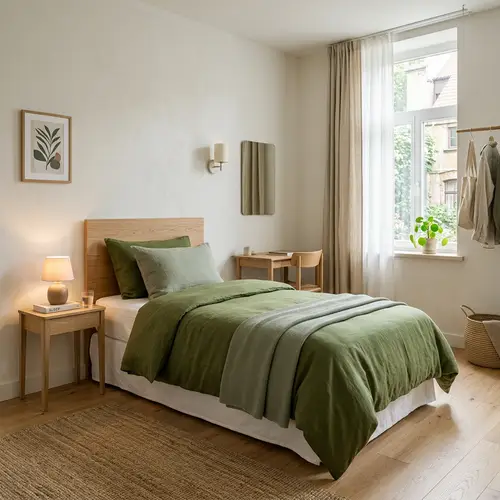 Cozy Minimalistic Hotel Room with Green Bedding