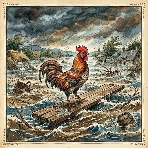 Rooster on Wooden Plank Amidst Flood - 19th-century Children's Book Illustration