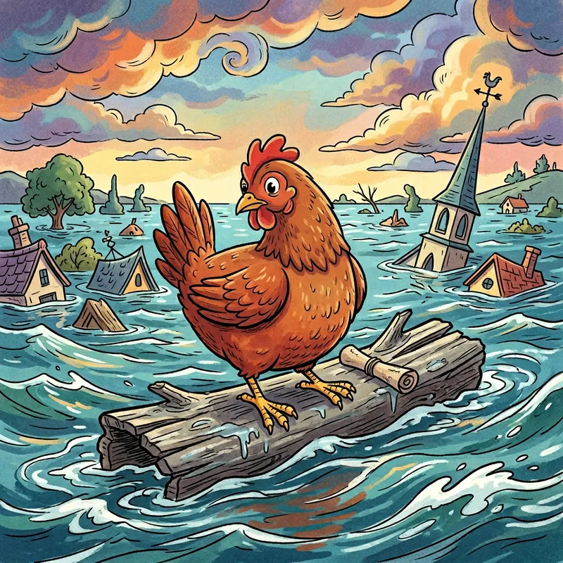 Whimsical Roaster Floating on Wood in Floodscape Disney Style Whimsical Roaster Floating on Wood in Floodscape Disney Style