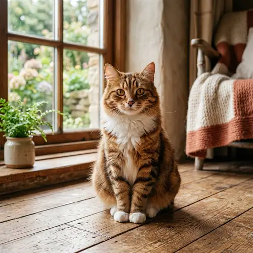 Elegant Adult Domestic Cat on Wooden Floor