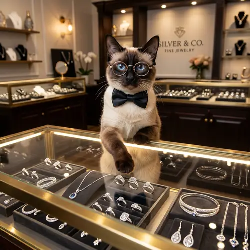Siamese Cat Showcasing Silver Jewelry Collection