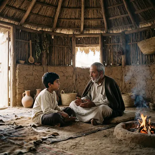 Middle Eastern Boy Learns from Elder in Primitive Hut